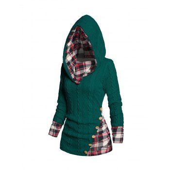 

Twisted Cable Knit Plaid Print Hooded Sweater Mock Button Ruched Shawl Neck Sweater, Green