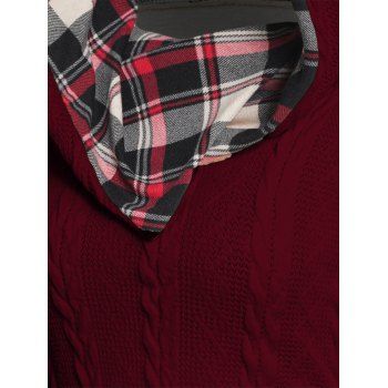 Twisted Cable Knit Plaid Print Hooded Sweater Mock Button Ruched Shawl Neck Sweater 