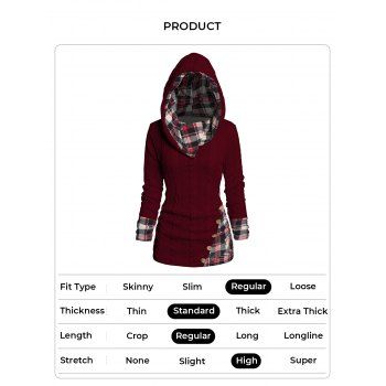Twisted Cable Knit Plaid Print Hooded Sweater Mock Button Ruched Shawl Neck Sweater 