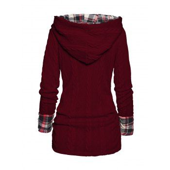Twisted Cable Knit Plaid Print Hooded Sweater Mock Button Ruched Shawl Neck Sweater 