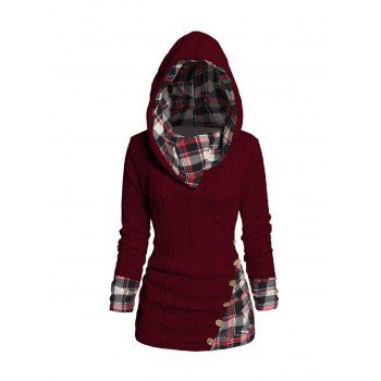 Twisted Cable Knit Plaid Print Hooded Sweater Mock Button Ruched Shawl Neck Sweater 
