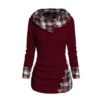 Twisted Cable Knit Plaid Print Hooded Sweater Mock Button Ruched Shawl Neck Sweater 