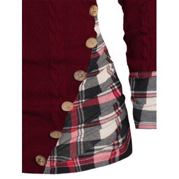 Twisted Cable Knit Plaid Print Hooded Sweater Mock Button Ruched Shawl Neck Sweater 
