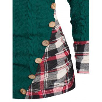 Twisted Cable Knit Plaid Print Hooded Sweater Mock Button Ruched Shawl Neck Sweater 