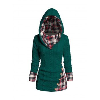 Twisted Cable Knit Plaid Print Hooded Sweater Mock Button Ruched Shawl Neck Sweater 