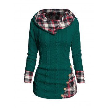Twisted Cable Knit Plaid Print Hooded Sweater Mock Button Ruched Shawl Neck Sweater 