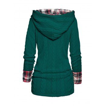 Twisted Cable Knit Plaid Print Hooded Sweater Mock Button Ruched Shawl Neck Sweater 