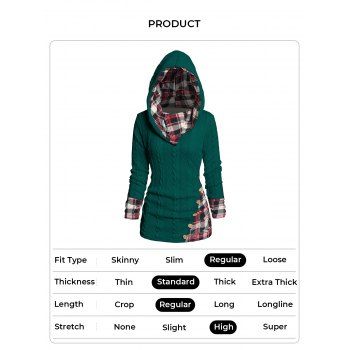 Twisted Cable Knit Plaid Print Hooded Sweater Mock Button Ruched Shawl Neck Sweater 