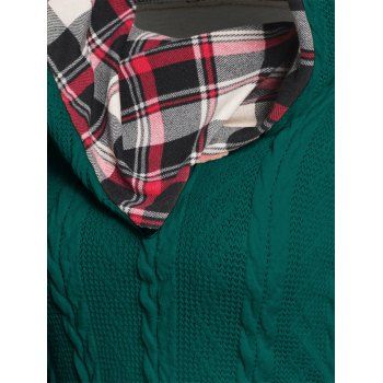 Twisted Cable Knit Plaid Print Hooded Sweater Mock Button Ruched Shawl Neck Sweater 