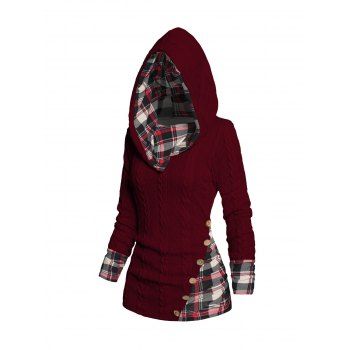 

Twisted Cable Knit Plaid Print Hooded Sweater Mock Button Ruched Shawl Neck Sweater, Deep red