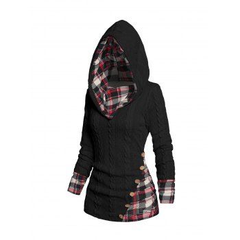 

Twisted Cable Knit Plaid Print Hooded Sweater Mock Button Ruched Shawl Neck Sweater, Black