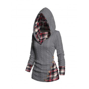 

Twisted Cable Knit Plaid Print Hooded Sweater Mock Button Ruched Shawl Neck Sweater, Gray