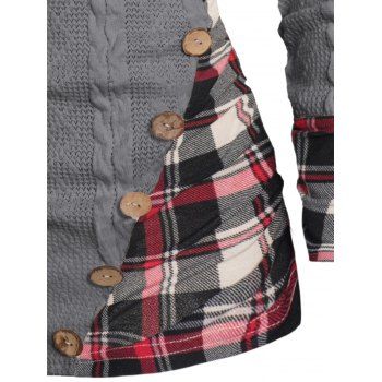 Twisted Cable Knit Plaid Print Hooded Sweater Mock Button Ruched Shawl Neck Sweater