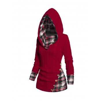 

Twisted Cable Knit Plaid Print Hooded Sweater Mock Button Ruched Shawl Neck Sweater, Red