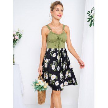 Colorblock Daisy Leaf Print Mini Dress Lace Up O Ring Strap High Waist Casual Dress