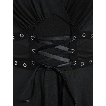 Gothic Dress Solid Color Grommet Lace Up Lace Panel High Waisted Dress Surplice A Line Mini Dress 