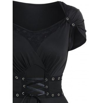 Gothic Dress Solid Color Grommet Lace Up Lace Panel High Waisted Dress Surplice A Line Mini Dress 