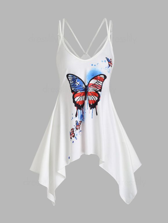 Asymmetrical Butterfly Cami Sundress American Flag Print Straps Handkerchief Dress - WHITE S