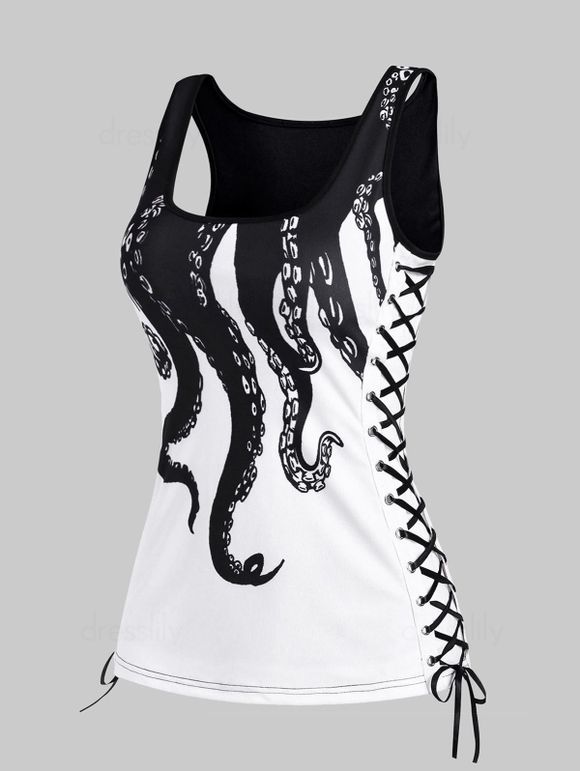 Vacation Lace Up Octopus Print Scoop Neck Tank Top - WHITE 2XL