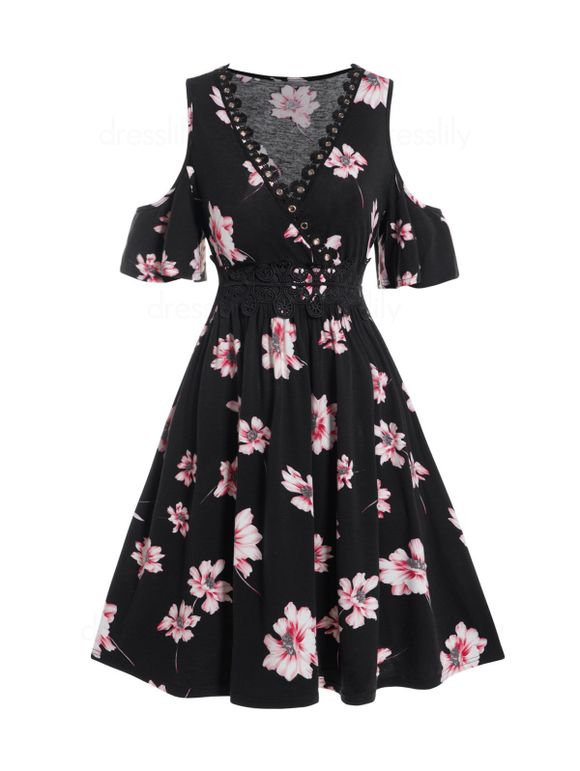 Flower Print Cold Shoulder Mini Dress Applique Eyelet Plunging Neck Short Sleeve Dress - BLACK M