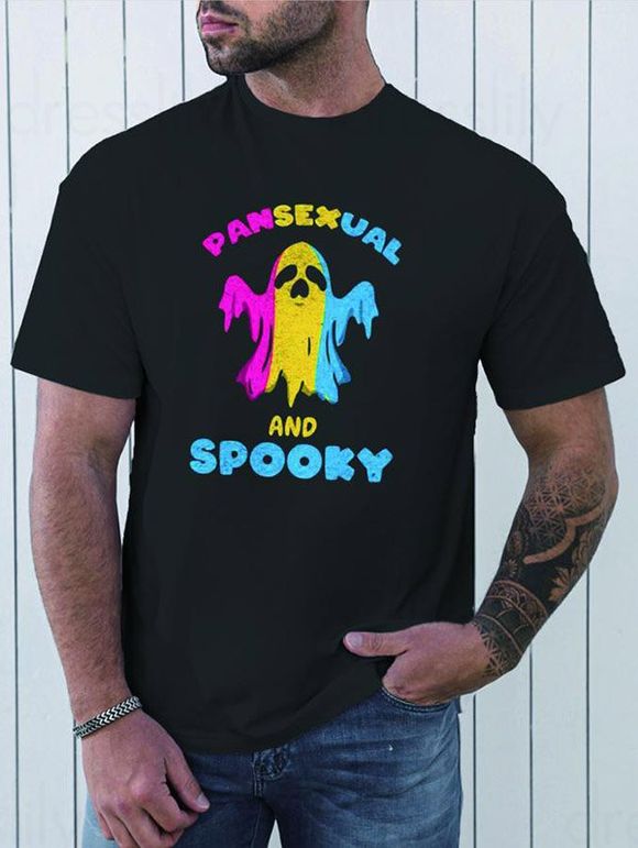 T-shirt Décontracté à Imprimé Slogan et Fantôme à Manches Courtes à Col Rond - Noir M