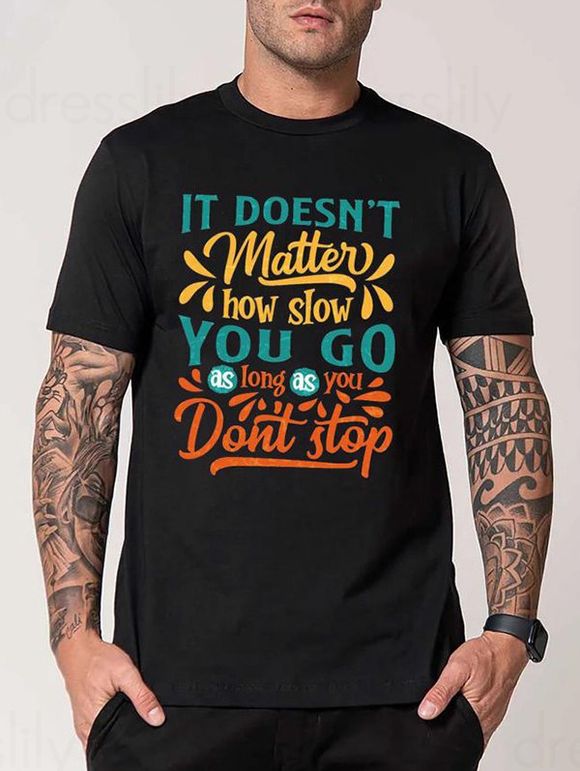 T-shirt Décontracté à Imprimé Slogan Coloré à Manches Courtes à Col Rond - Noir XXXL