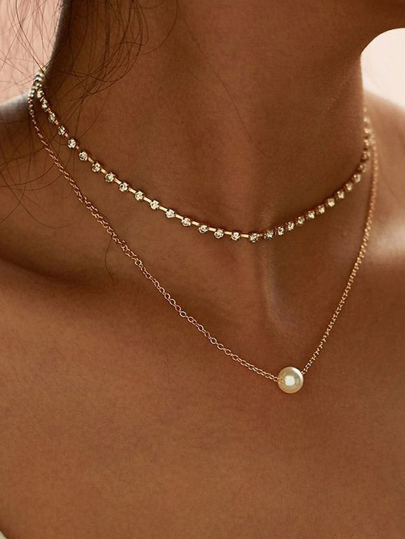Collier Chaîne Superposé en Fausse Perle avec Strass - d'or 