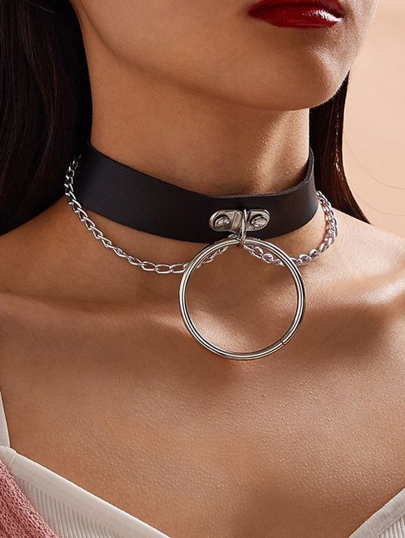 Collier Ras-du-Cou Chaîne en O avec Bouton Pression en PU - Noir 