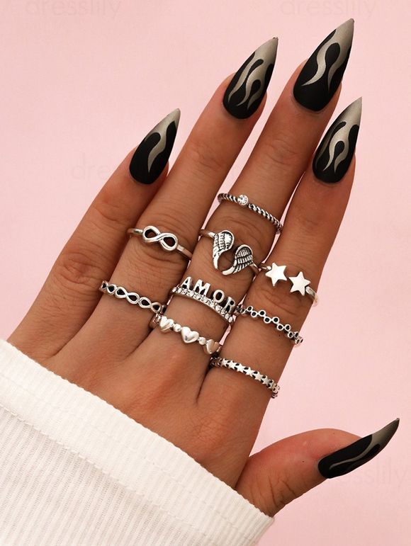 9 Pièces Ensemble de Bagues Rondes Motif Etoile Cœur et Lettre - Argent 