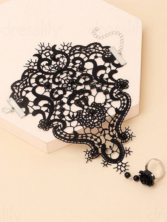 Bracelet en Dentelle Vintage avec Chaîne - Noir 