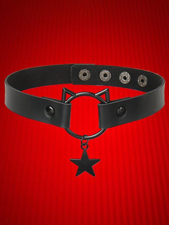 Collier Ras-du-Cou Gothique en Forme de Chat Etoile Pendant avec Bouton-Pression en PU - Noir 