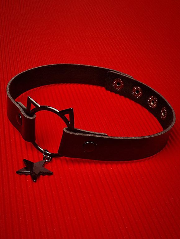 Collier Ras-du-Cou Gothique en Forme de Chat Etoile Pendant avec Bouton-Pression en PU - Noir 