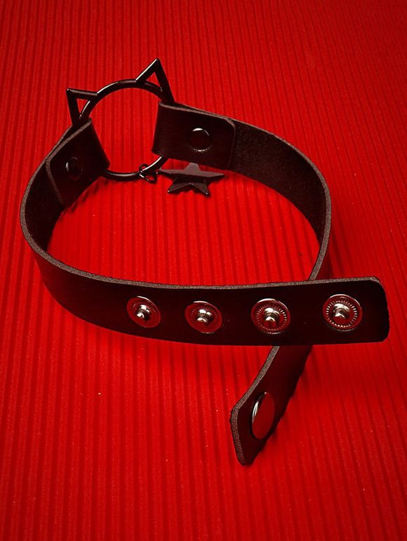 Collier Ras-du-Cou Gothique en Forme de Chat Etoile Pendant avec Bouton-Pression en PU - Noir 