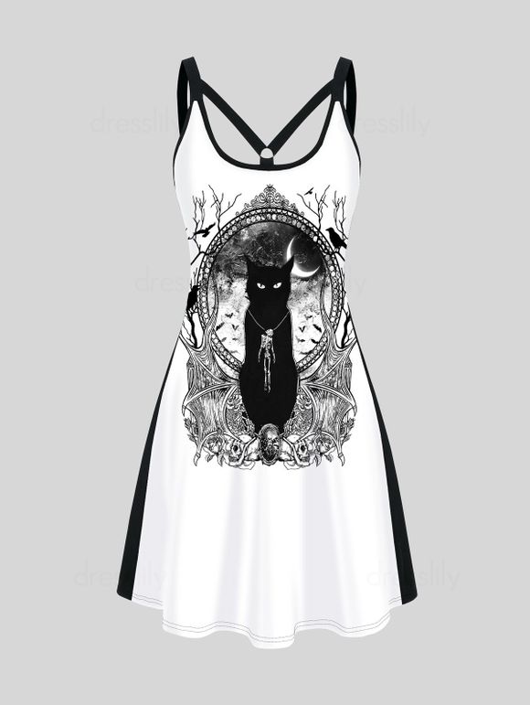 Skull and Cat Print Colorblock Gothic Tank Dress Two Tone Casual Dress - BLACK XXL