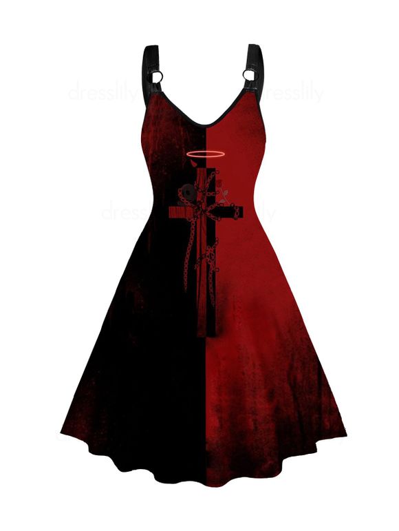 Robe Mi-Longue Gothique Ligne A Croisée à Bretelle en Couleur Contrastée sans Manches - Rouge foncé XL