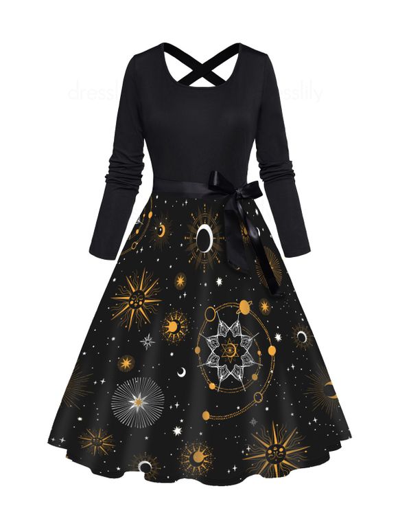 Robe Ligne A à Imprimé Etoile Lune Soleil Galaxie à Taille Haute avec Nœud Papillon - Noir M