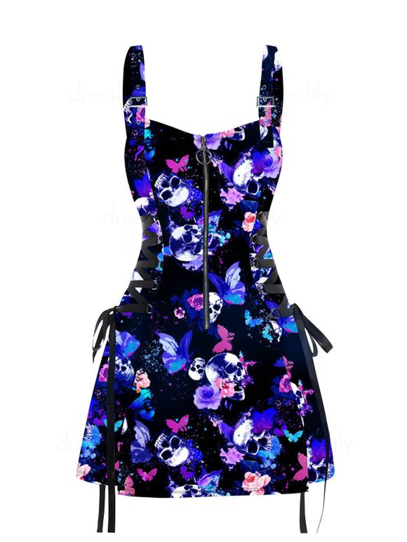 Mini Robe Ligne A à Bretelle Réglable Gothique Zippée à Imprimé Papillon Crâne à Taille Haute - Noir M