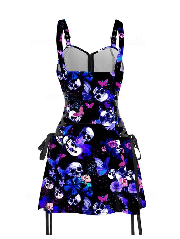 Mini Robe Ligne A à Bretelle Réglable Gothique Zippée à Imprimé Papillon Crâne à Taille Haute - Noir M