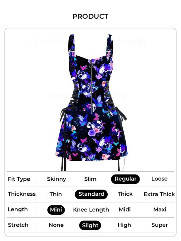Mini Robe Ligne A à Bretelle Réglable Gothique Zippée à Imprimé Papillon Crâne à Taille Haute - Noir M