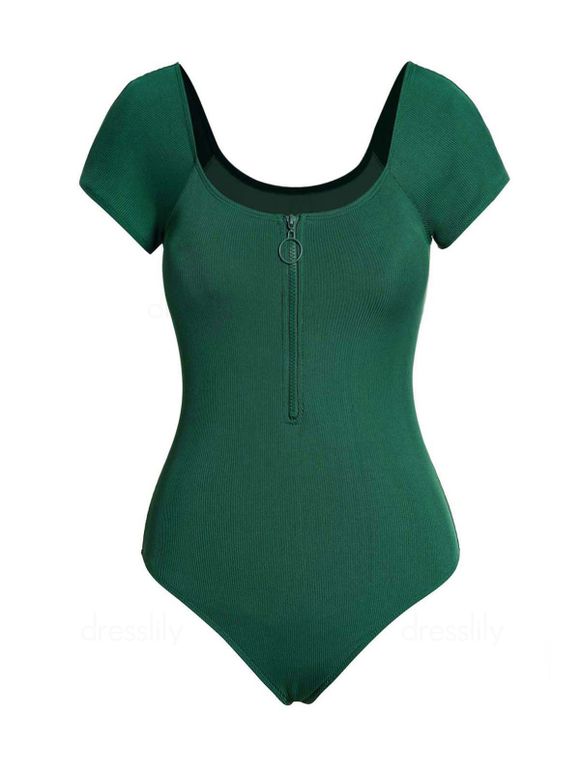Maillot de Bain Une-Pièce Matelassé en Couleur Unie à Demi-Zip à Manches Courtes - Vert profond 2XL