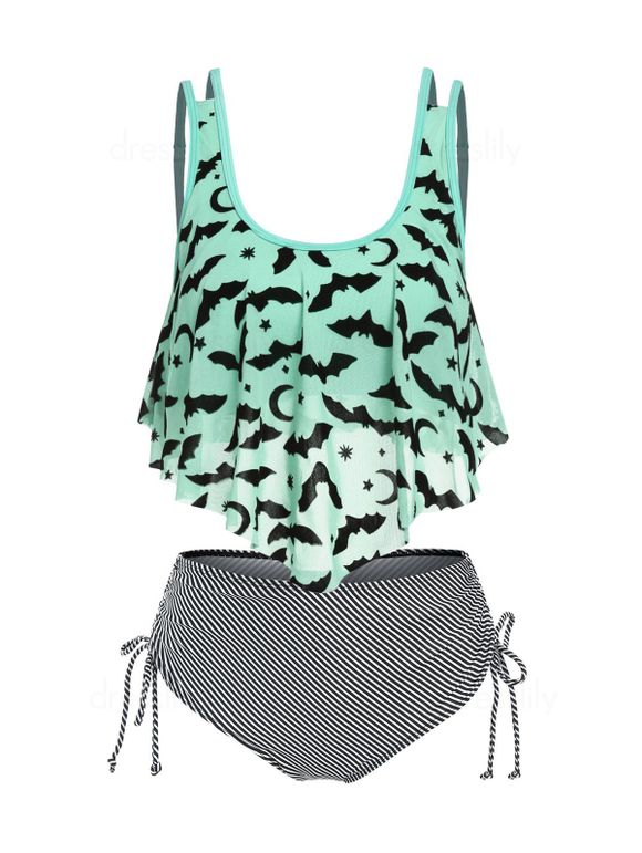 Tummy Control Tankini Swimwear Gothic Swimsuit Stripe Bat Print Mesh Cinched Summer Beach Bathing Suit - LIGHT GREEN S