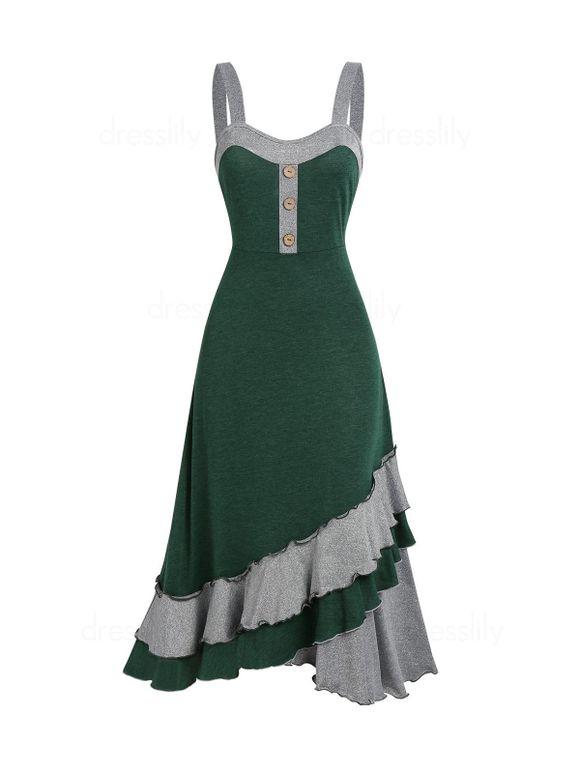 Summer Contrast Colorblock Layered Ruffle Cami Mid Calf Dress - MEDIUM SEA GREEN XL