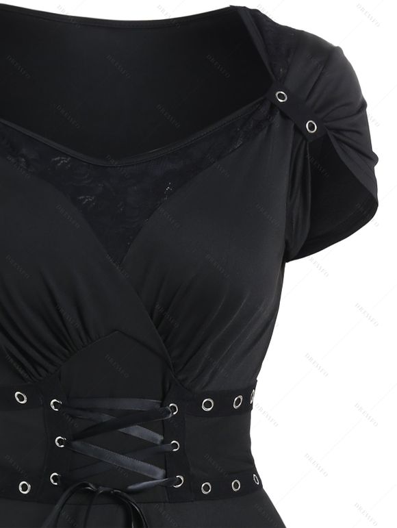 Mini Robe Ligne A Superposée en Dentelle en Couleur Unie à Taille Haute - Noir S