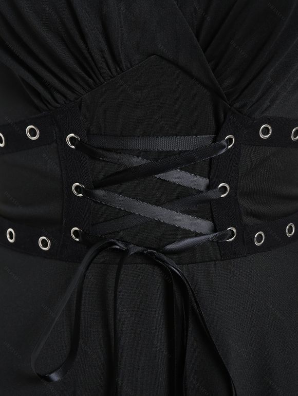 Mini Robe Ligne A Superposée en Dentelle en Couleur Unie à Taille Haute - Noir S