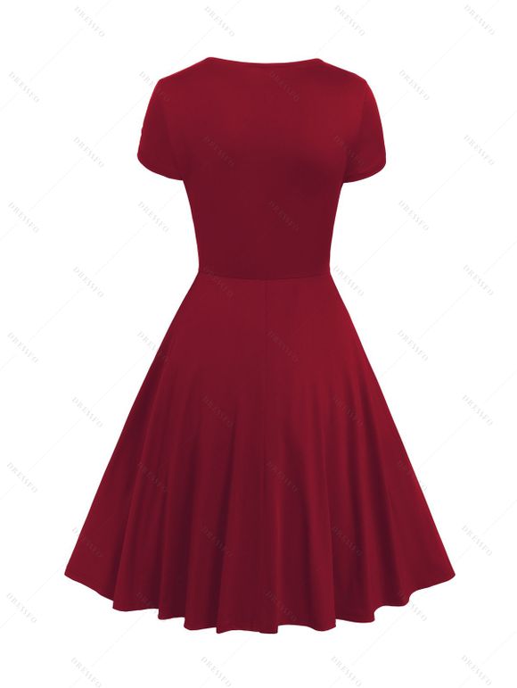 Mini Robe Ligne A Gothique Superposée avec Œillet en Dentelle en Couleur Unie à Taille Haute - Rouge foncé L