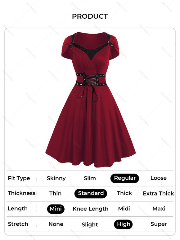 Mini Robe Ligne A Gothique Superposée avec Œillet en Dentelle en Couleur Unie à Taille Haute - Rouge foncé L