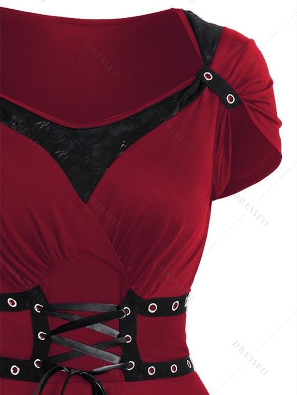 Mini Robe Ligne A Gothique Superposée avec Œillet en Dentelle en Couleur Unie à Taille Haute - Rouge foncé L