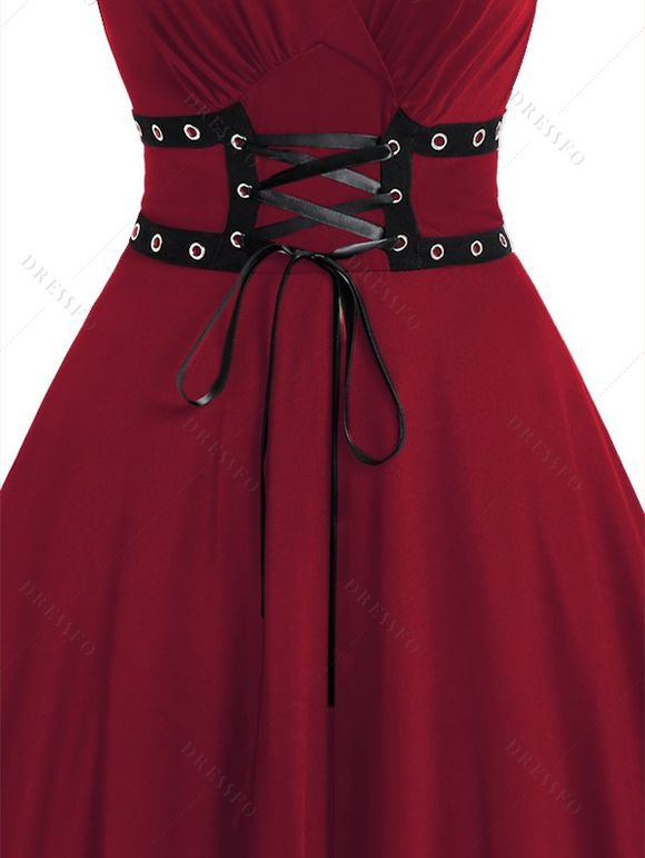 Mini Robe Ligne A Gothique Superposée avec Œillet en Dentelle en Couleur Unie à Taille Haute - Rouge foncé L