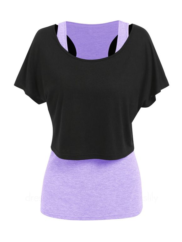 Ensemble de T-shirt Court Simple à Cou Dégagé et Débardeur Chiné - Violet clair XL