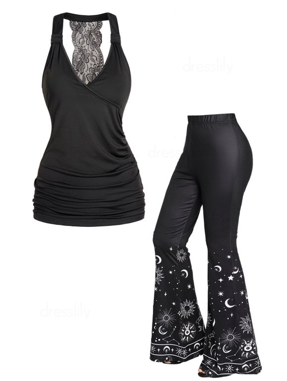 Ensemble de Débardeur Evasé Croisé en Dentelle et Pantalon Evasé à Imprimé Etoile Lune et Soleil - Noir S